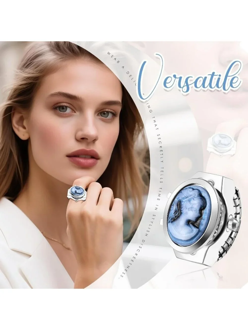 Unisex Blue Analog Quartz Flip Cover Stainless Steel Stretchy Finger Ring Watch